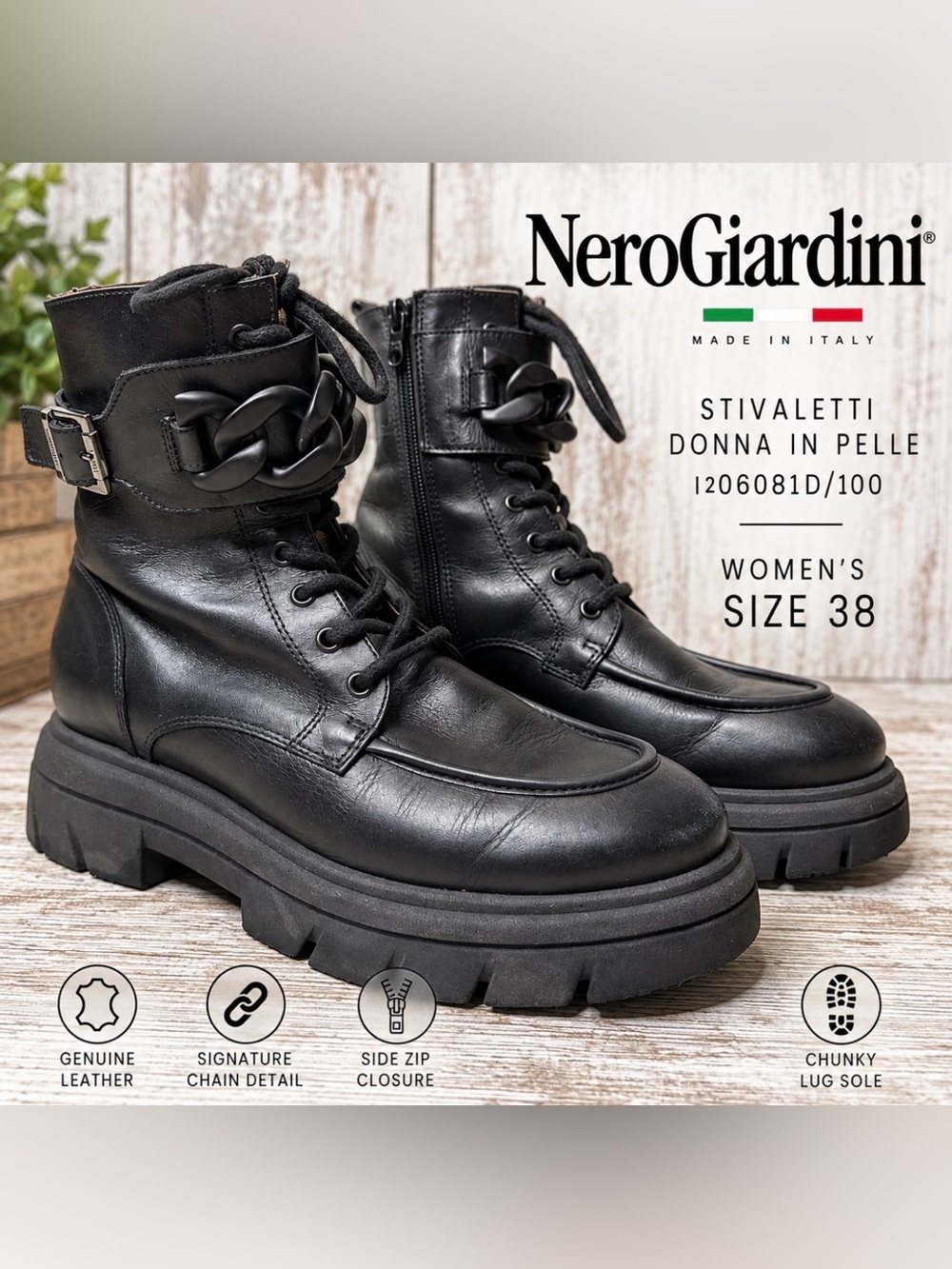 Nero Giardini Women's Black Leather Lug Ankle Boots with Chain Detail